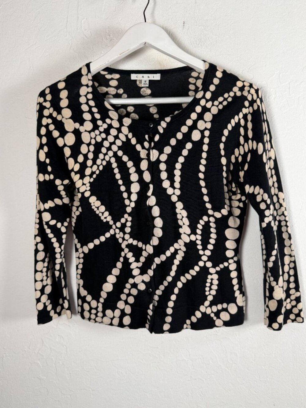 CAbi Womens Black Cream Dot Print Cardigan Sweater Button Front Small Casual